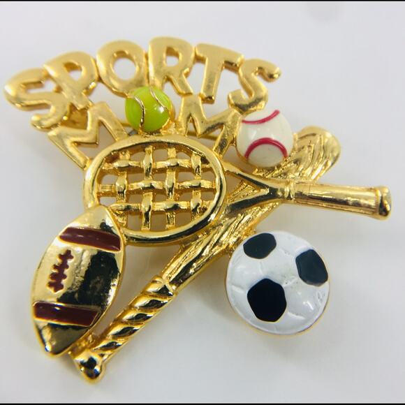 Vintage Ren Sports Mom Brooch Gold Tone Tennis Baseball Football Pin - Picture 6 of 6